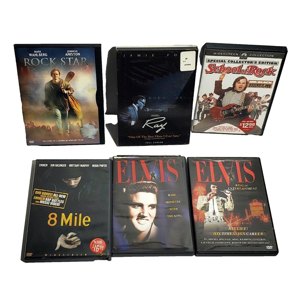 Music DVD Lot 6 Movies Ray 8 Mile Rock Star Elvis School of Rock Tested Working